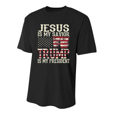 American Flag Tee Jesus Is My Savior Trump Is My President Youth Performance Sprint T-Shirt