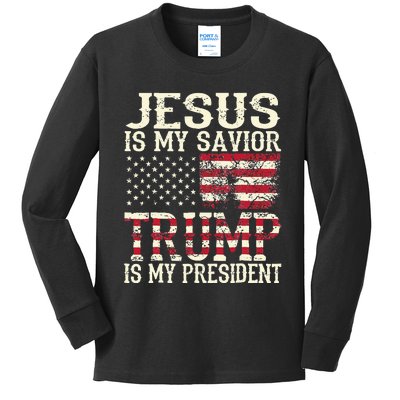 American Flag Tee Jesus Is My Savior Trump Is My President Kids Long Sleeve Shirt