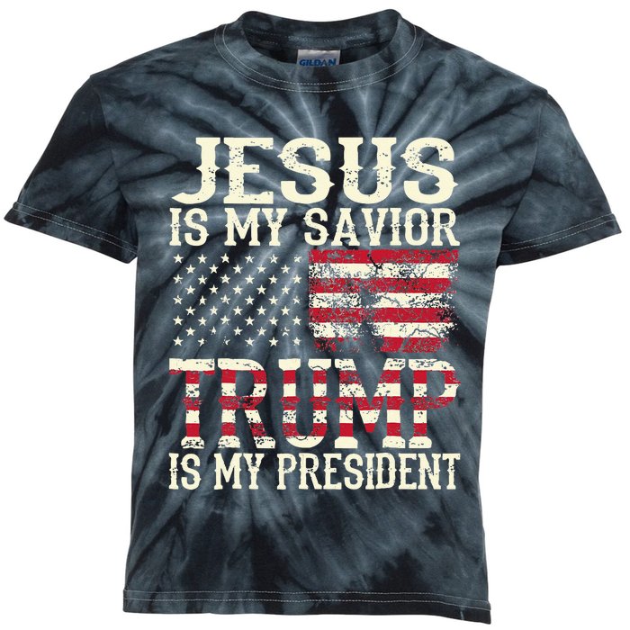 American Flag Tee Jesus Is My Savior Trump Is My President Kids Tie-Dye T-Shirt