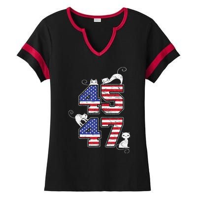 American Flag Trump 45 47 Cats Trump 2024 Ladies Halftime Notch Neck Tee