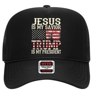 American Flag Tee Jesus Is My Savior Trump Is My President High Crown Mesh Back Trucker Hat