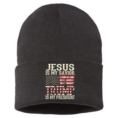 American Flag Tee Jesus Is My Savior Trump Is My President Sustainable Knit Beanie