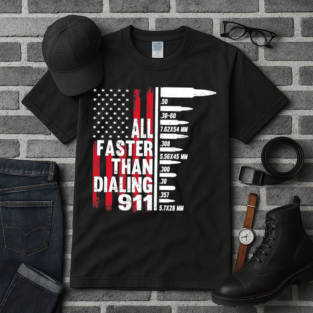 All Faster Than Dialing 911 American Flag Gun Lover Tall T-Shirt