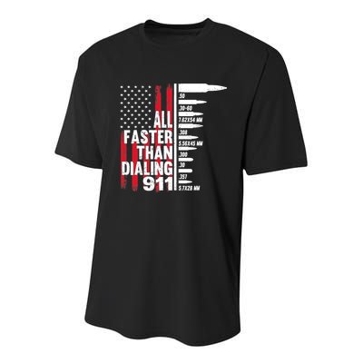 All Faster Than Dialing 911 American Flag Gun Lover Youth Performance Sprint T-Shirt