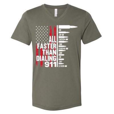 All Faster Than Dialing 911 American Flag Gun Lover V-Neck T-Shirt
