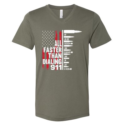 All Faster Than Dialing 911 American Flag Gun Lover V-Neck T-Shirt