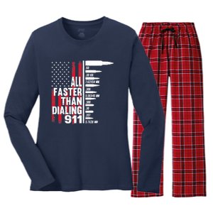 All Faster Than Dialing 911 American Flag Gun Lover Women's Long Sleeve Flannel Pajama Set 