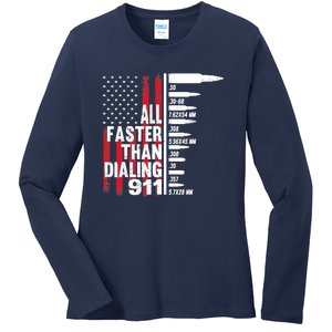 All Faster Than Dialing 911 American Flag Gun Lover Ladies Long Sleeve Shirt