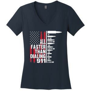 All Faster Than Dialing 911 American Flag Gun Lover Women's V-Neck T-Shirt