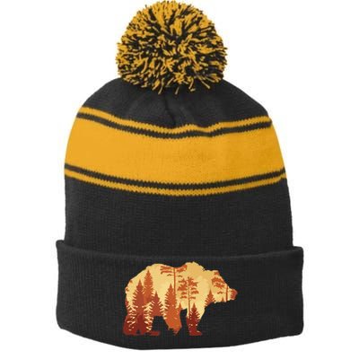 Autumn Forest Trees Fall Wildlife Animal Bear Lover Nature Stripe Pom Pom Beanie