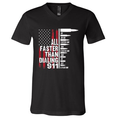 All Faster Than Dialing 911 American Flag Gun Lover V-Neck T-Shirt