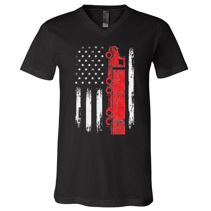 American Flag Truck Semi Truck Driver Trucking Trucker V-Neck T-Shirt