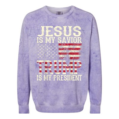 American Flag Tee Jesus Is My Savior Trump Is My President Colorblast Crewneck Sweatshirt