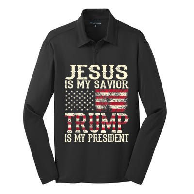 American Flag Tee Jesus Is My Savior Trump Is My President Silk Touch Performance Long Sleeve Polo