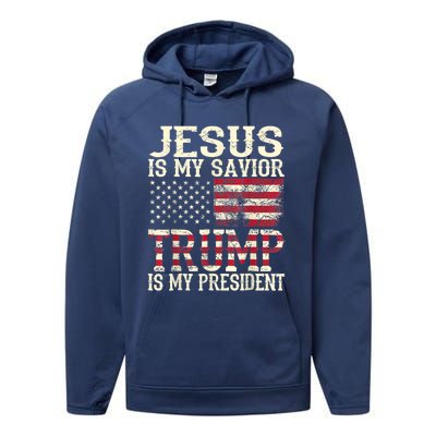 American Flag Tee Jesus Is My Savior Trump Is My President Performance Fleece Hoodie