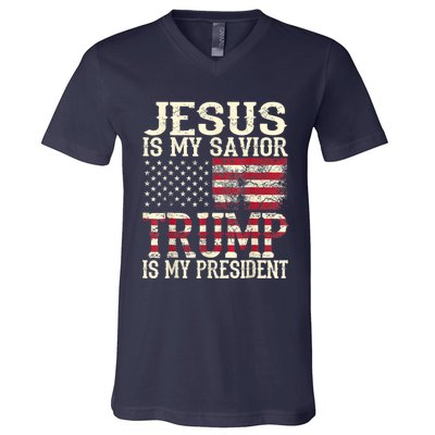 American Flag Tee Jesus Is My Savior Trump Is My President V-Neck T-Shirt