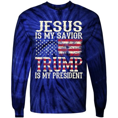 American Flag Tee Jesus Is My Savior Trump Is My President Tie-Dye Long Sleeve Shirt