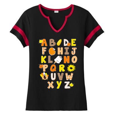 Alphabet Funny Turkey Thanksgiving Costume Preschool Teacher Ladies Halftime Notch Neck Tee