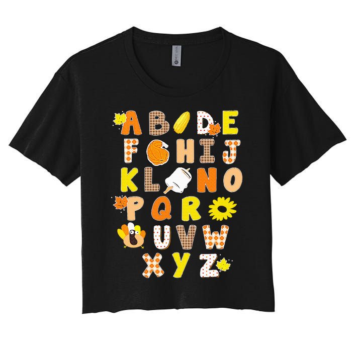 Alphabet Funny Turkey Thanksgiving Costume Preschool Teacher Women's Crop Top Tee