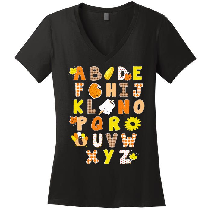 Alphabet Funny Turkey Thanksgiving Costume Preschool Teacher Women's V-Neck T-Shirt