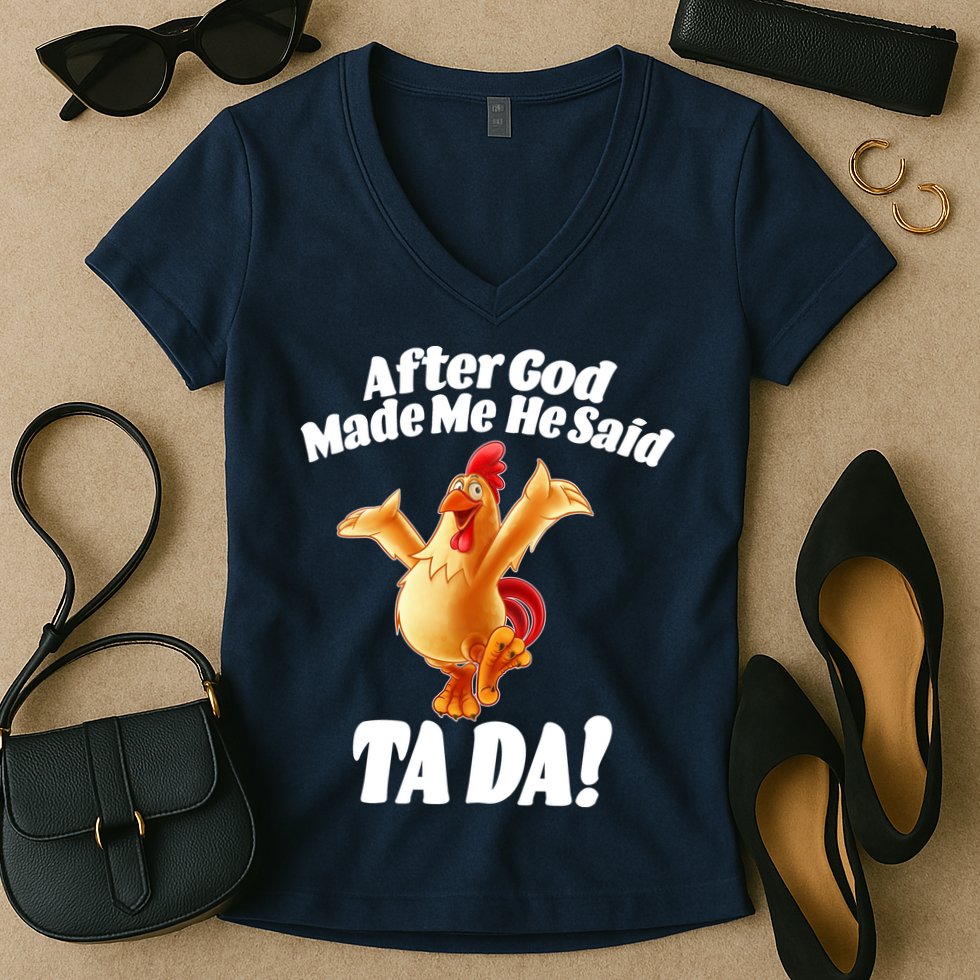 After God Made Me He Said Ta-da Funny Chicken Women's V-Neck T-Shirt