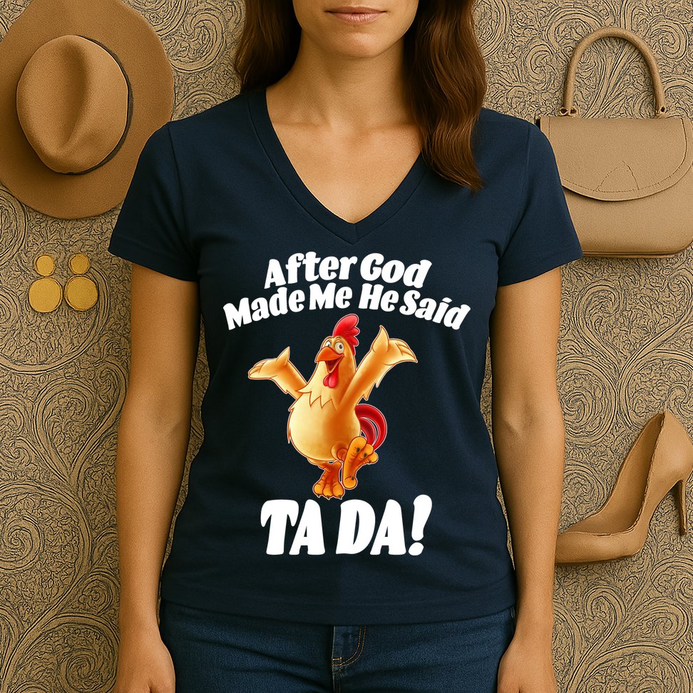After God Made Me He Said Ta-da Funny Chicken Women's V-Neck T-Shirt