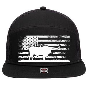 American Flag Usa Texas Longhorn Cow For Cattle Farmer 7 Panel Mesh Trucker Snapback Hat