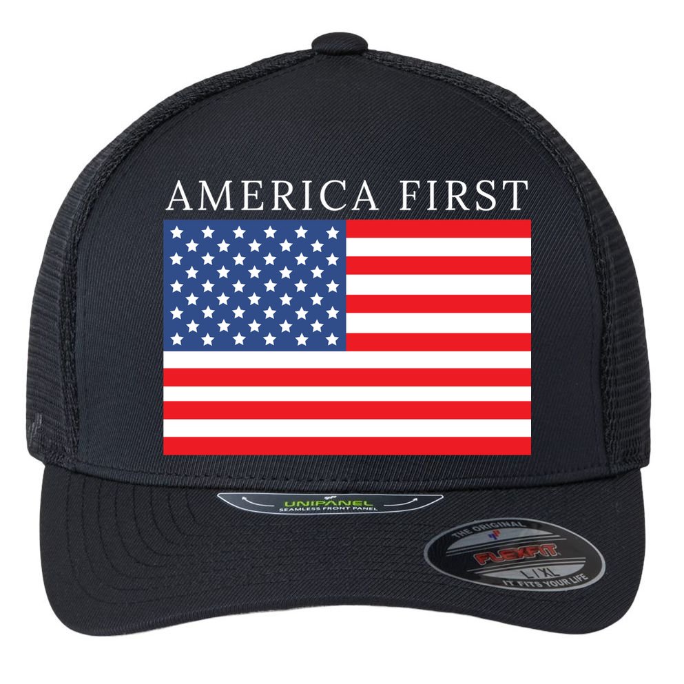 America First USA Flag Flexfit Unipanel Trucker Cap