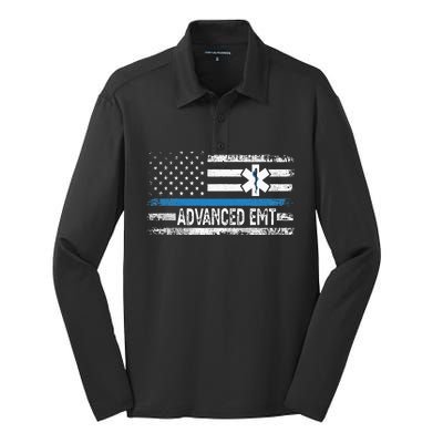 American Flag USA Advanced EMT AEMT Medical Technician Silk Touch Performance Long Sleeve Polo