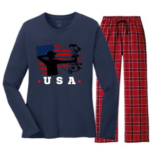 American Flag USA, Patriotic Sports, American Flag Archery, Patriotic Sports Women's Long Sleeve Flannel Pajama Set 