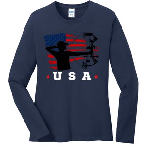 American Flag USA, Patriotic Sports, American Flag Archery, Patriotic Sports Ladies Long Sleeve Shirt