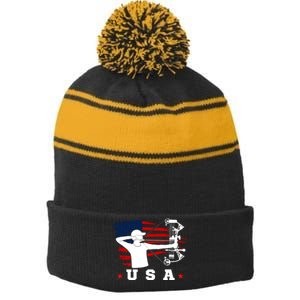 American Flag USA, Patriotic Sports, American Flag Archery, USA Archery Stripe Pom Pom Beanie