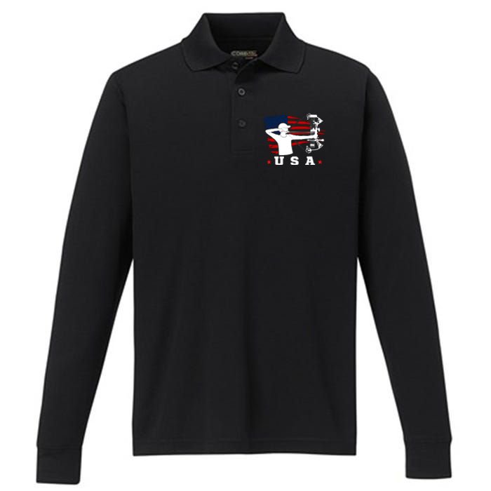 American Flag USA, Patriotic Sports, American Flag Archery, USA Archery Performance Long Sleeve Polo