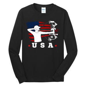 American Flag USA, Patriotic Sports, American Flag Archery, USA Archery Tall Long Sleeve T-Shirt