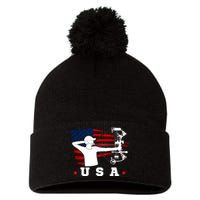 American Flag USA, Patriotic Sports, American Flag Archery, USA Archery Pom Pom 12in Knit Beanie