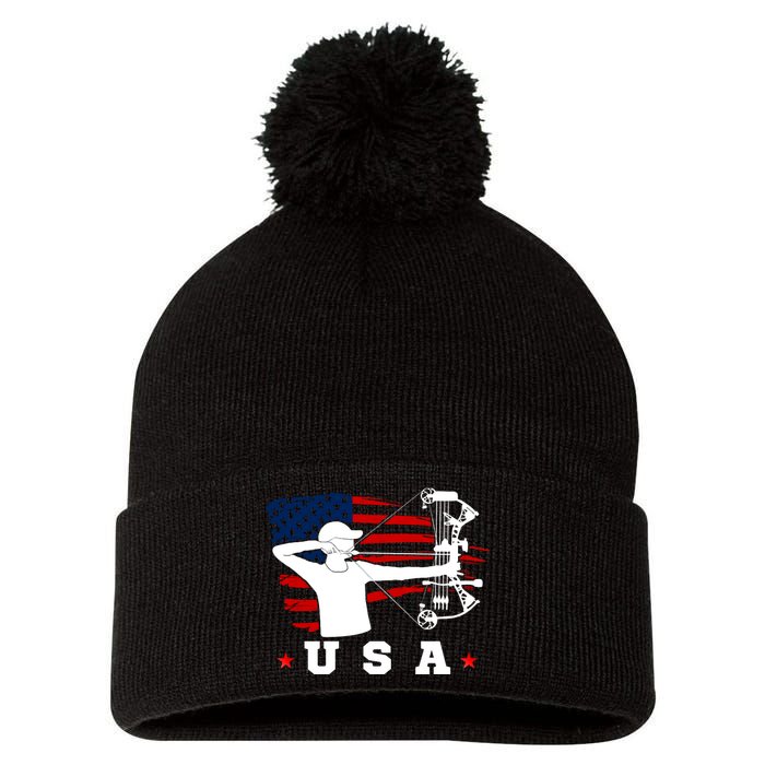 American Flag USA, Patriotic Sports, American Flag Archery, USA Archery Pom Pom 12in Knit Beanie