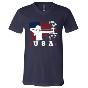 American Flag USA, Patriotic Sports, American Flag Archery, Cute Archery V-Neck T-Shirt