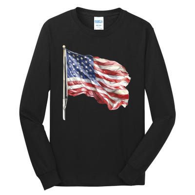 American Flag USA Waving Flag 4th Of July Tall Long Sleeve T-Shirt