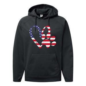 American Flag USA Love Dog Paw Print Animal Paw Dog Lover Performance Fleece Hoodie