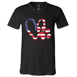 American Flag USA Love Dog Paw Print Animal Paw Dog Lover V-Neck T-Shirt