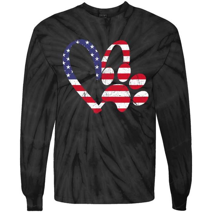 American Flag USA Love Dog Paw Print Animal Paw Dog Lover Tie-Dye Long Sleeve Shirt