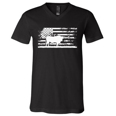 American Flag USA Texas Longhorn Cow For Cattle Farmer V-Neck T-Shirt