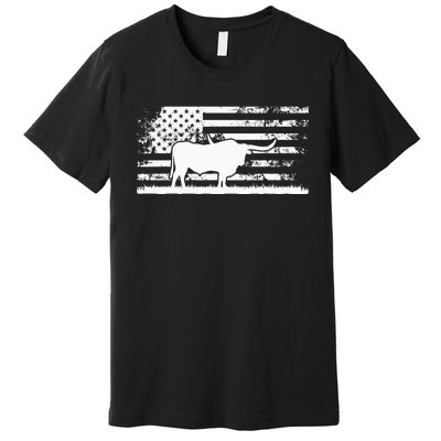 American Flag USA Texas Longhorn Cow For Cattle Farmer Premium T-Shirt