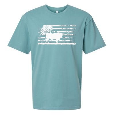 American Flag USA Texas Longhorn Cow For Cattle Farmer Sueded Cloud Jersey T-Shirt