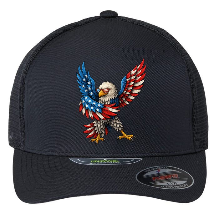 American Flag USA Dabbing Bald Eagle Patriotic 4th Of July Flexfit Unipanel Trucker Cap