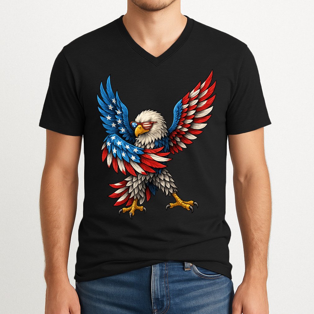 American Flag USA Dabbing Bald Eagle Patriotic 4th Of July V-Neck T-Shirt