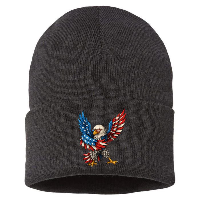 American Flag USA Dabbing Bald Eagle Patriotic 4th Of July Sustainable Knit Beanie