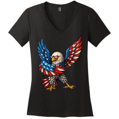 American Flag USA Dabbing Bald Eagle Patriotic 4th Of July Women's V-Neck T-Shirt