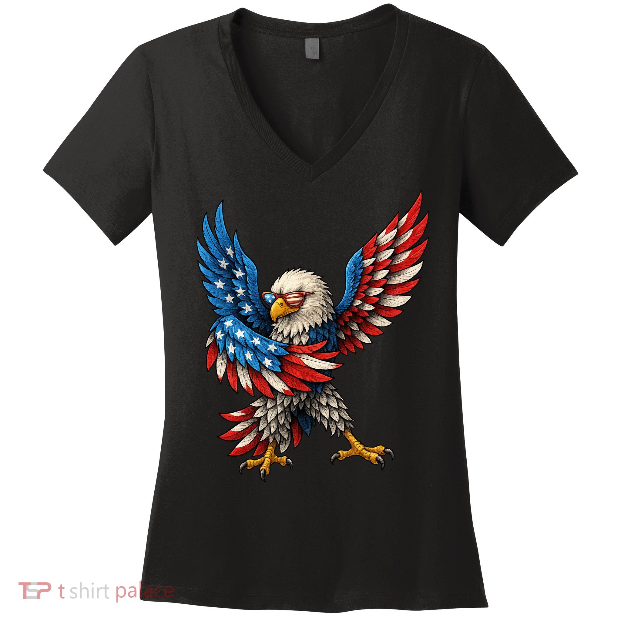 American Flag USA Dabbing Bald Eagle Patriotic 4th Of July Women's V-Neck T-Shirt