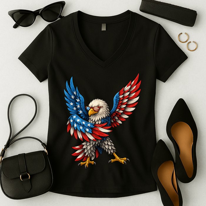 American Flag USA Dabbing Bald Eagle Patriotic 4th Of July Women's V-Neck T-Shirt